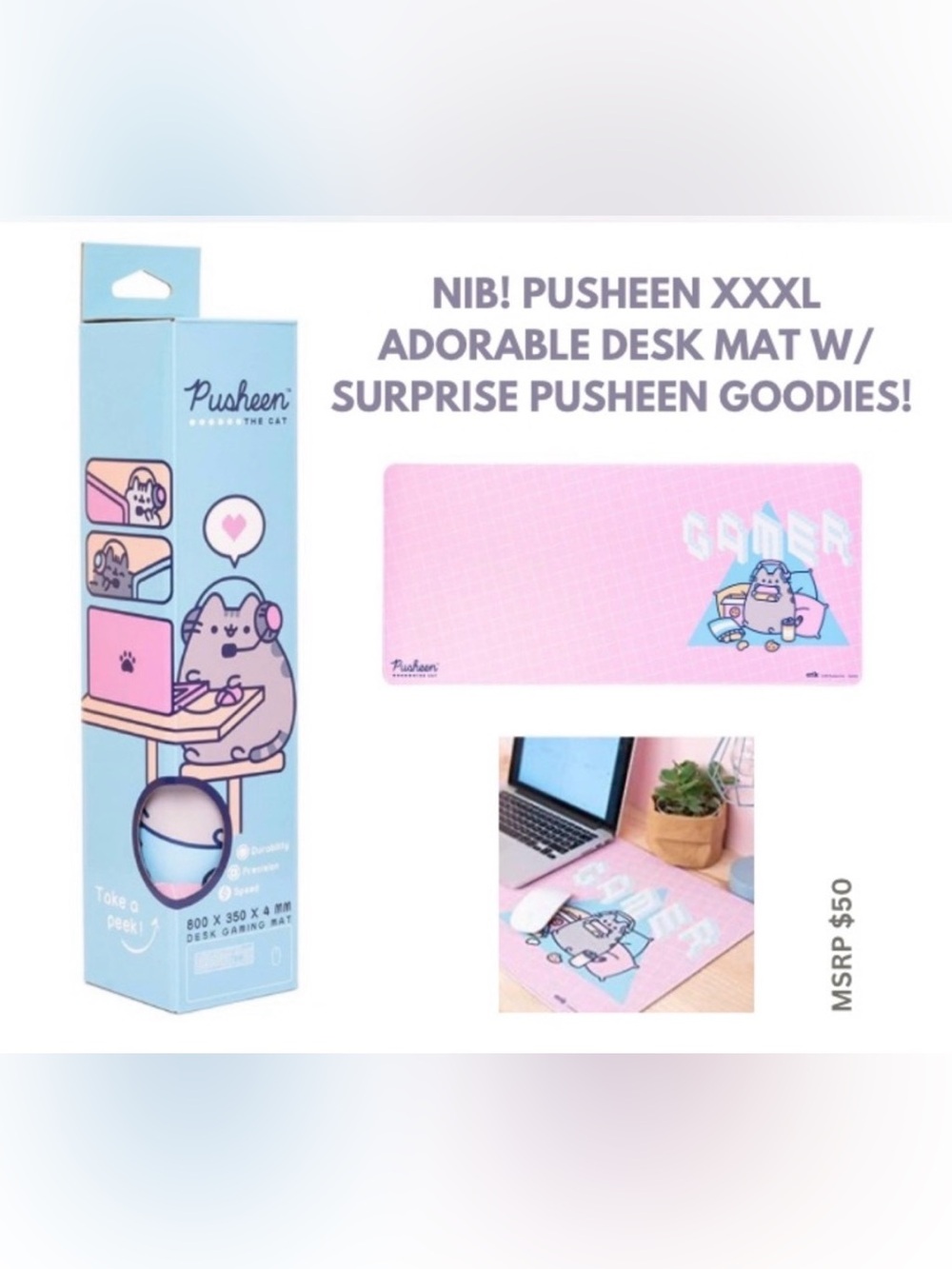 NEW IN BOX! PUSHEEN DESK MAT & MOUSE PAD XXL! ALL IN ONE!